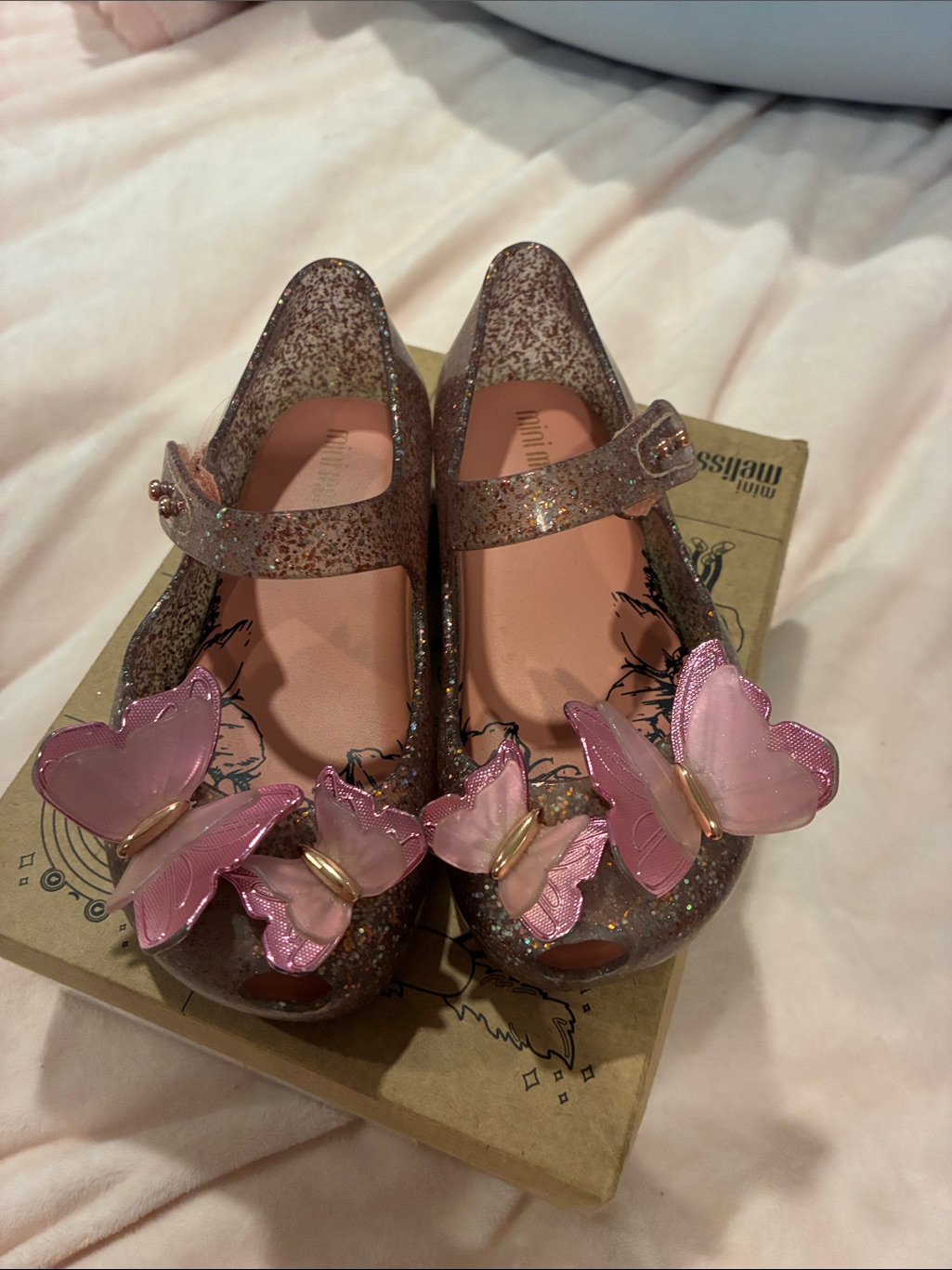 Mini Melissa Glitter Mary Janes With Pink Butterfly Accents